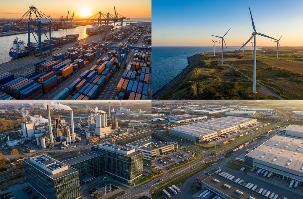 Luftaufnahme verschiedener Industriesektoren mit Hafen, Windrädern, Fabriken und Bürogebäuden in blau-oranger Farbpalette