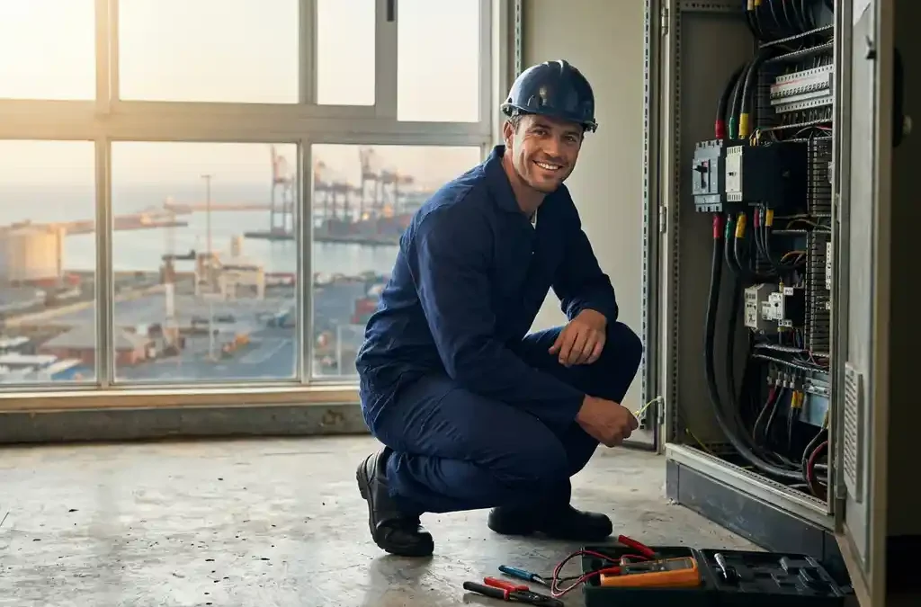 Elektriker in Arbeitsuniform hockt vor geöffnetem Industrieschaltschrank, Werkzeug auf Betonboden, Küstenindustrieanlage im Hintergrund.