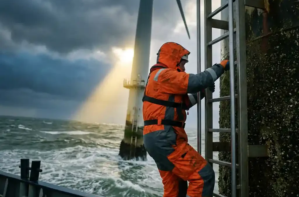 Offshore-Windtechniker in orangefarbenem Schutzanzug klettert Stahlleiter eines Windturbinenmastes über der Nordsee.