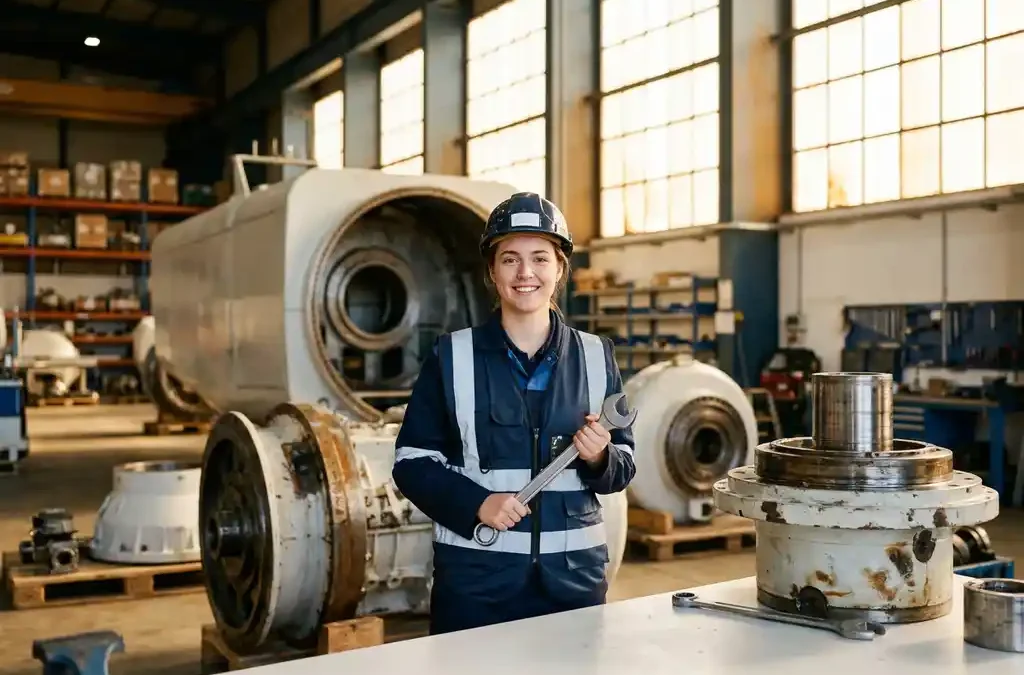 Junger Techniker mit Schraubenschlüssel neben Windturbinenkomponenten in moderner Werkstatt mit warmem Licht.