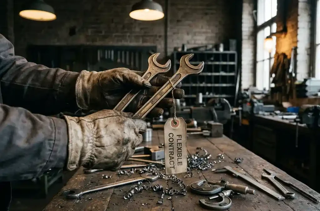 Metallarbeiter in Lederhandschuhen hält zwei identische Stahlschraubenschlüssel über Werkbank, einer mit Vertragsmarkierung, norddeutsche Industriewerkstatt.