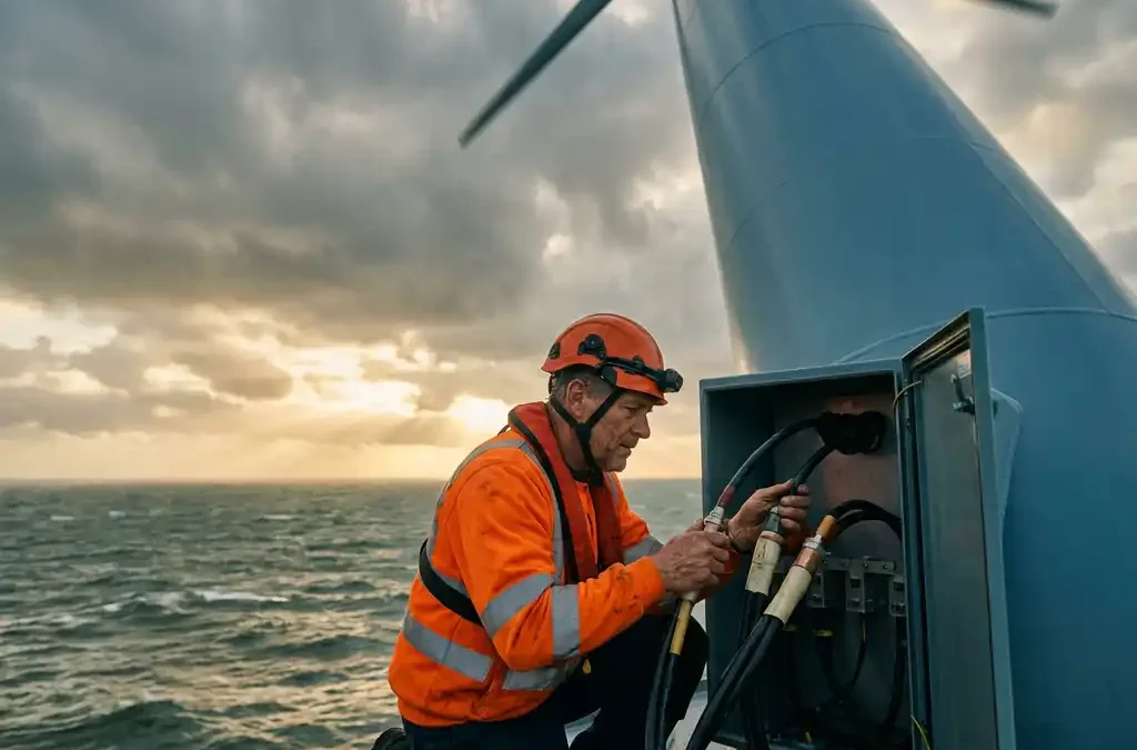Elektriker in Warnweste verbindet Kabel an einem Offshore-Windrad, Nordsee und dramatischer Himmel im Hintergrund.