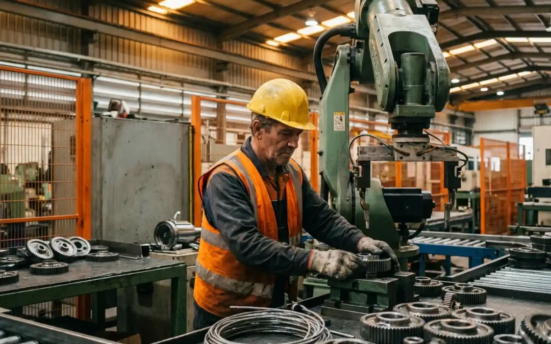 Industriemonteur mit Schutzhelm und Warnweste bedient schwere Maschinen in moderner Fabrikhalle mit Metallbauteilen.
