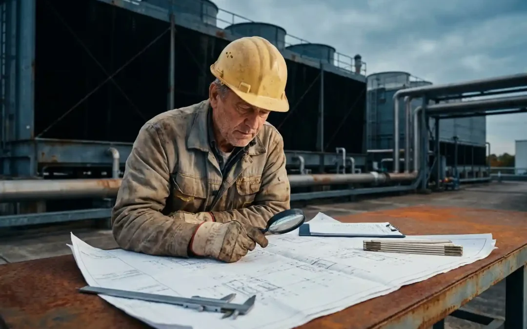 Projektmanager mit Schutzhelm prüft technische Schaltpläne auf Stahltisch vor industrieller Anlage unter bedecktem Himmel.