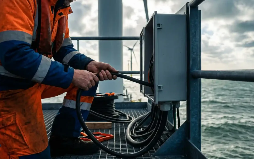 Elektriker in Schutzoverall verbindet Hochspannungskabel auf einer Offshore-Windturbinen-Plattform in der Nordsee.