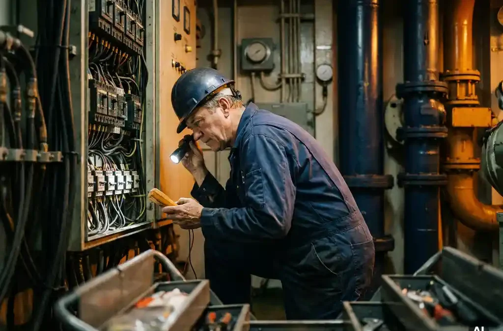 Elektriker in Arbeitsoverall inspiziert Kabelschrank mit Sicherungen im Maschinenraum eines Schiffes, dramatische Seitenlicht.