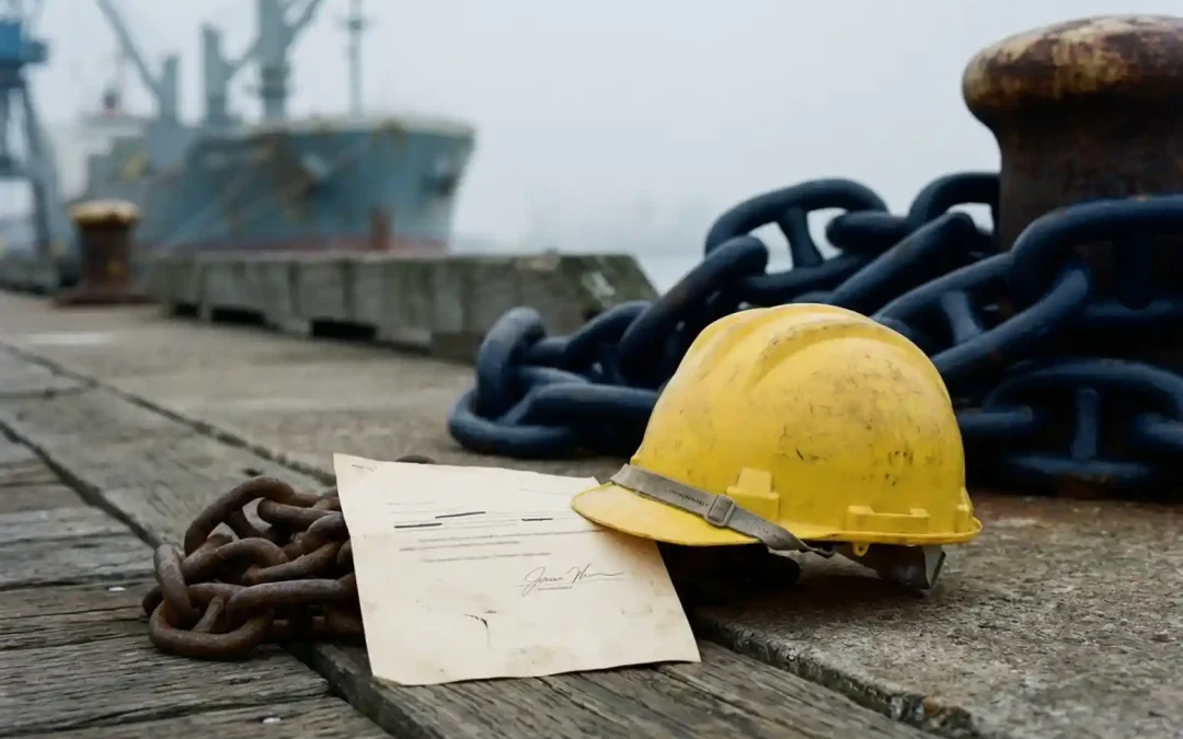 Gelber Schutzhelm und unterzeichneter Arbeitsvertrag auf verwittertem Hafenboden, schwere Kettenglied und Frachtschiff im Hintergrund.