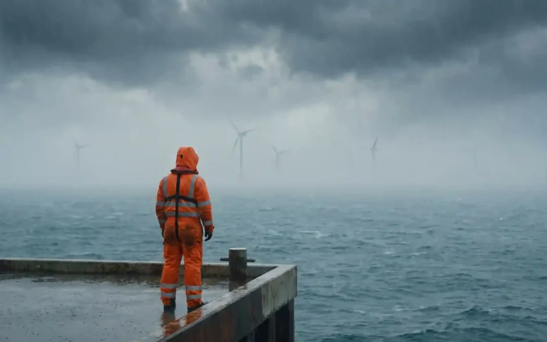 Offshore-Arbeiter in orangem Überlebensanzug am regennassen Dock mit Blick auf Windpark im Nordsee-Nebel.