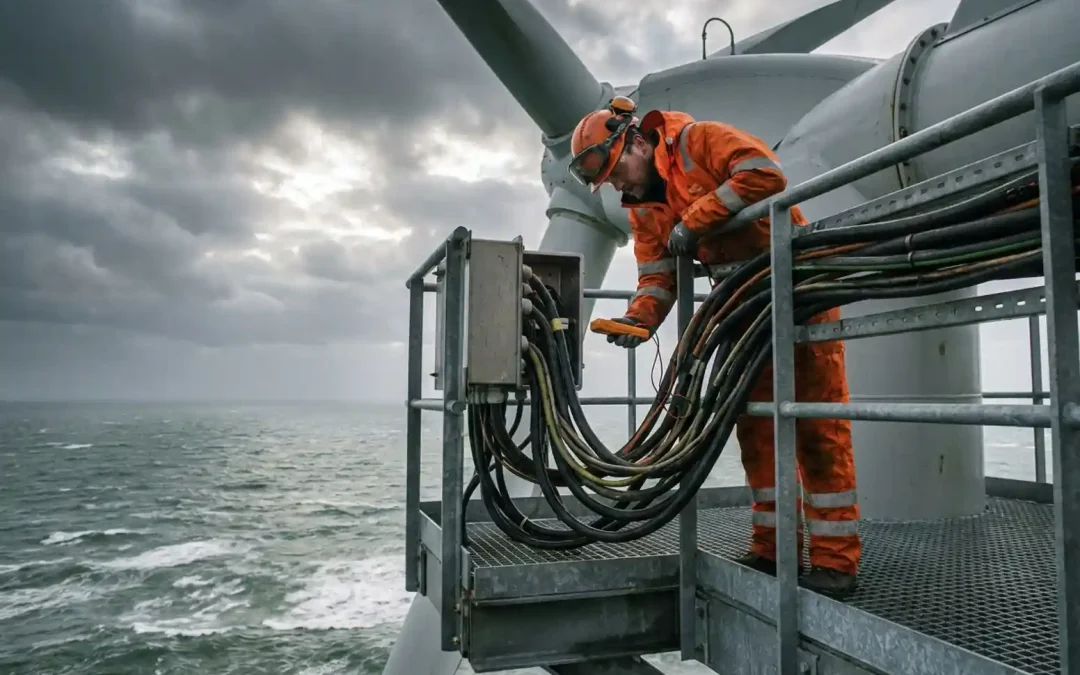 Elektriker in Schutzausrüstung prüft Industriekabel auf einer Offshore-Windturbinen-Plattform über der Nordsee.