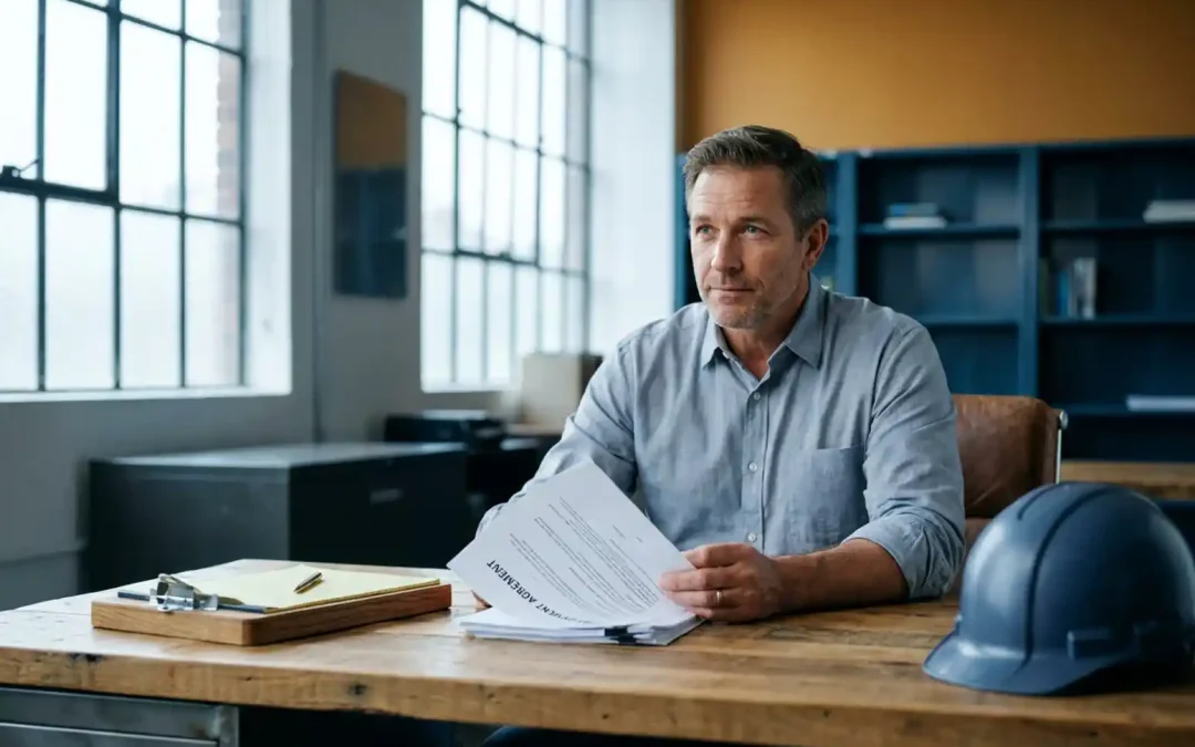 Personalmanager prüft Arbeitsvertrag am Schreibtisch mit Schutzhelm und Klemmbrett, natürliches Nordlicht, professionelle Atmosphäre.