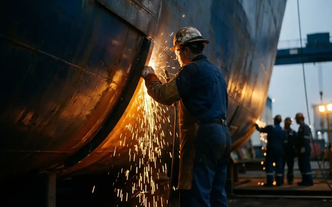 Schweißer in Schutzhelm und Overall schweißt an einem massiven Stahlschiffsrumpf, goldene Funken sprühen in dramatischem Industrielicht.