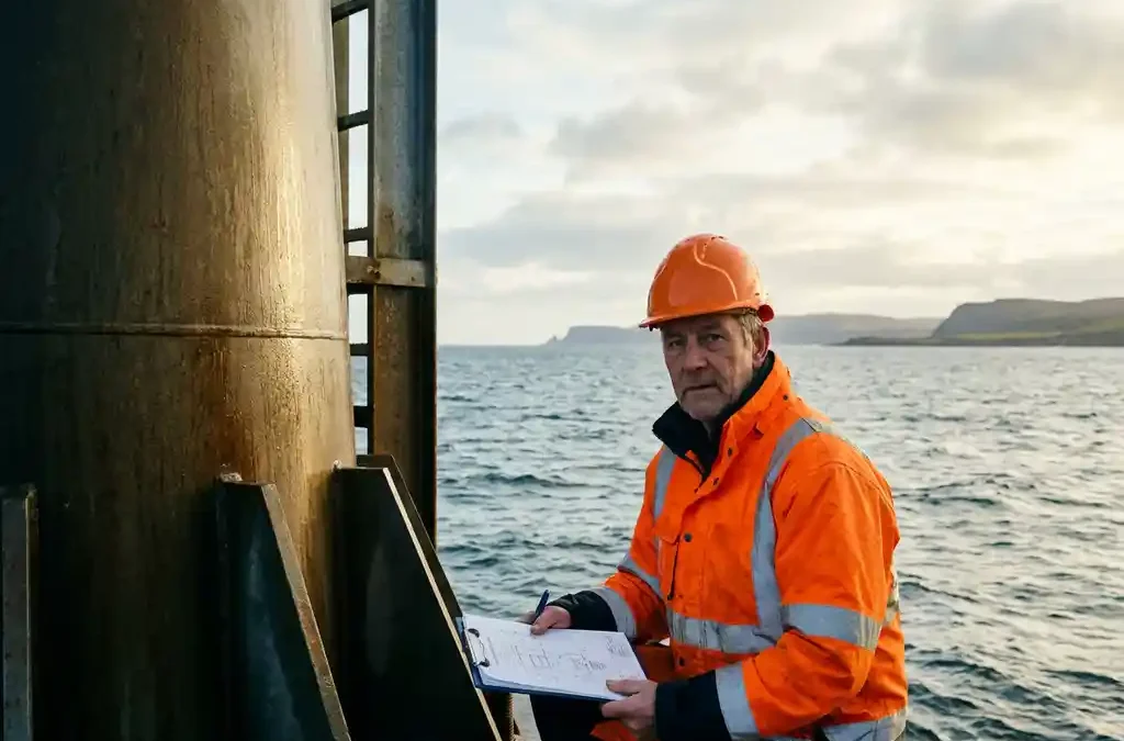 Techniker in Warnweste prüft Dokumente auf Klemmbrett am Fuß einer Offshore-Windturbine an der Nordseeküste.