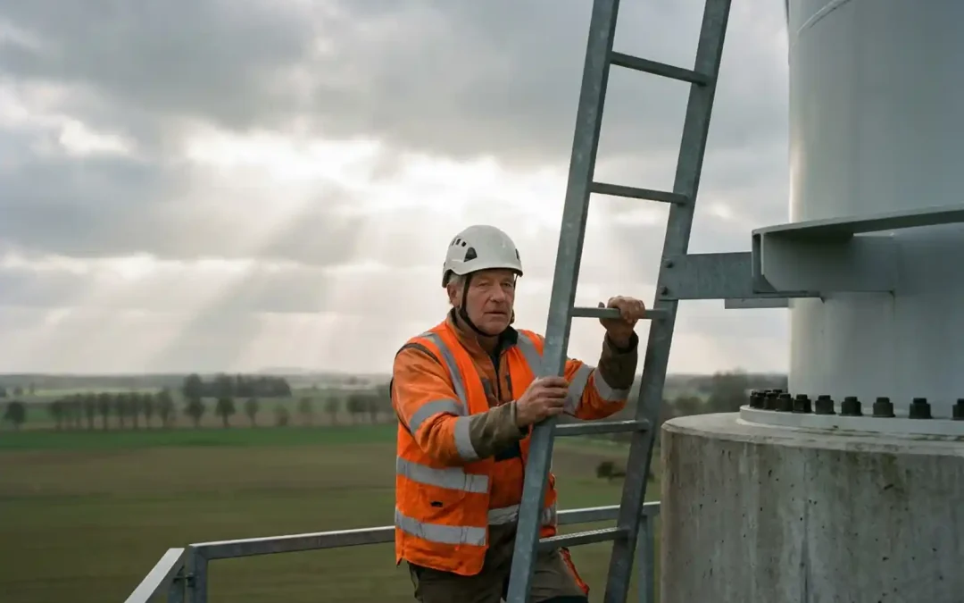 Techniker in Warnweste und Schutzhelm greift eine Serviceleiter an einer Onshore-Windkraftanlage in Norddeutschland.