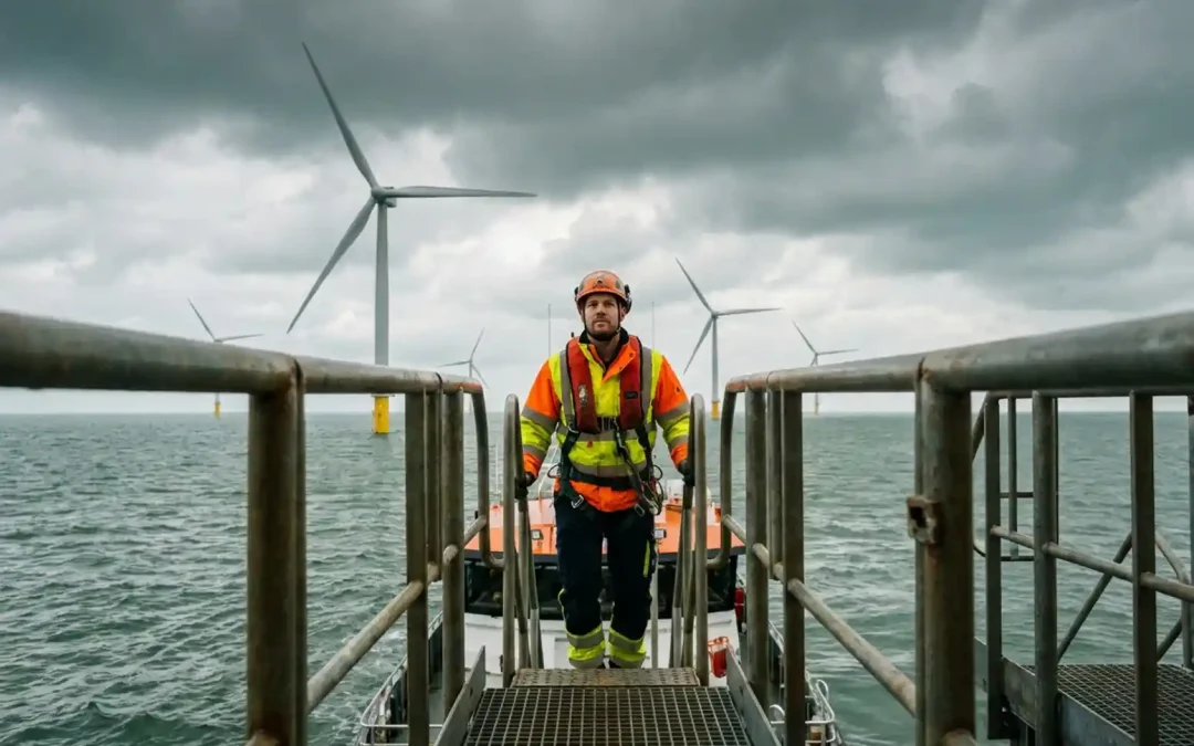 Techniker in Warnschutzjacke besteigt Offshore-Windplattform vom Transportschiff, Windturbinen in der Nordsee im Hintergrund.