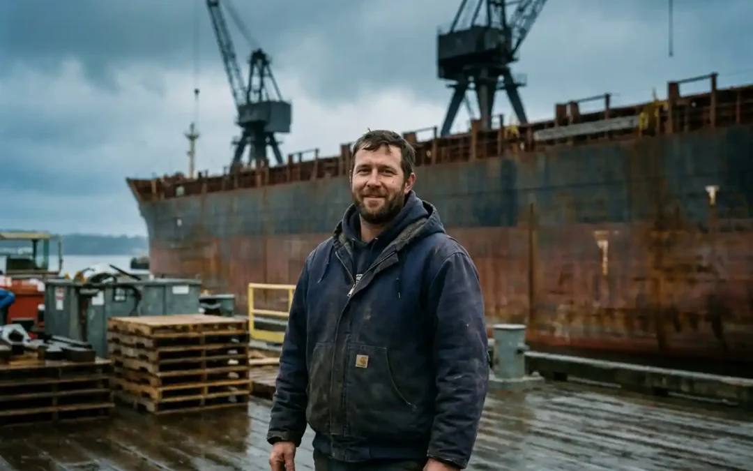 Junger Werftarbeiter in marineblauer Jacke vor massivem Stahlschiffsrumpf und Industriekränen am Hamburger Hafen.