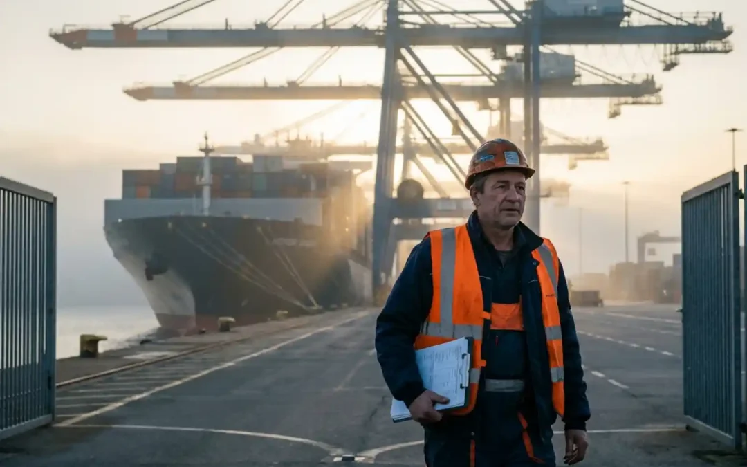 Hafenarbeiter in Warnweste mit Klemmbrett betritt bei Schichtwechsel ein Industriehafen-Gelände, Containerschiff im Morgennebel.