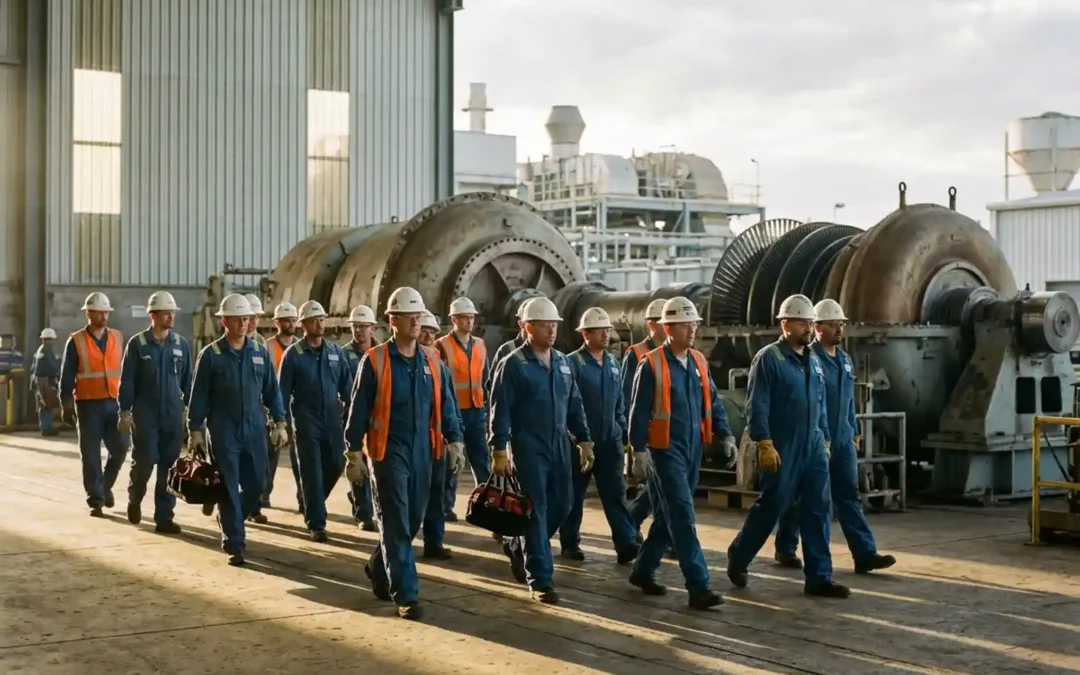 Industriearbeiter in Warnwesten und Schutzhelmen betreten bei Morgenlicht eine Wartungsanlage mit Turbinen im Hintergrund.