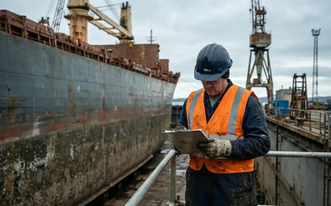 Werftarbeiter mit Schutzhelm prüft Klemmbrett an trockengestelltem Frachtschiff, Industriekräne im Hintergrund.